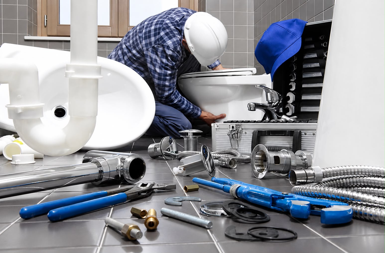 Licensed plumber repairing a toilet with professional tools and parts